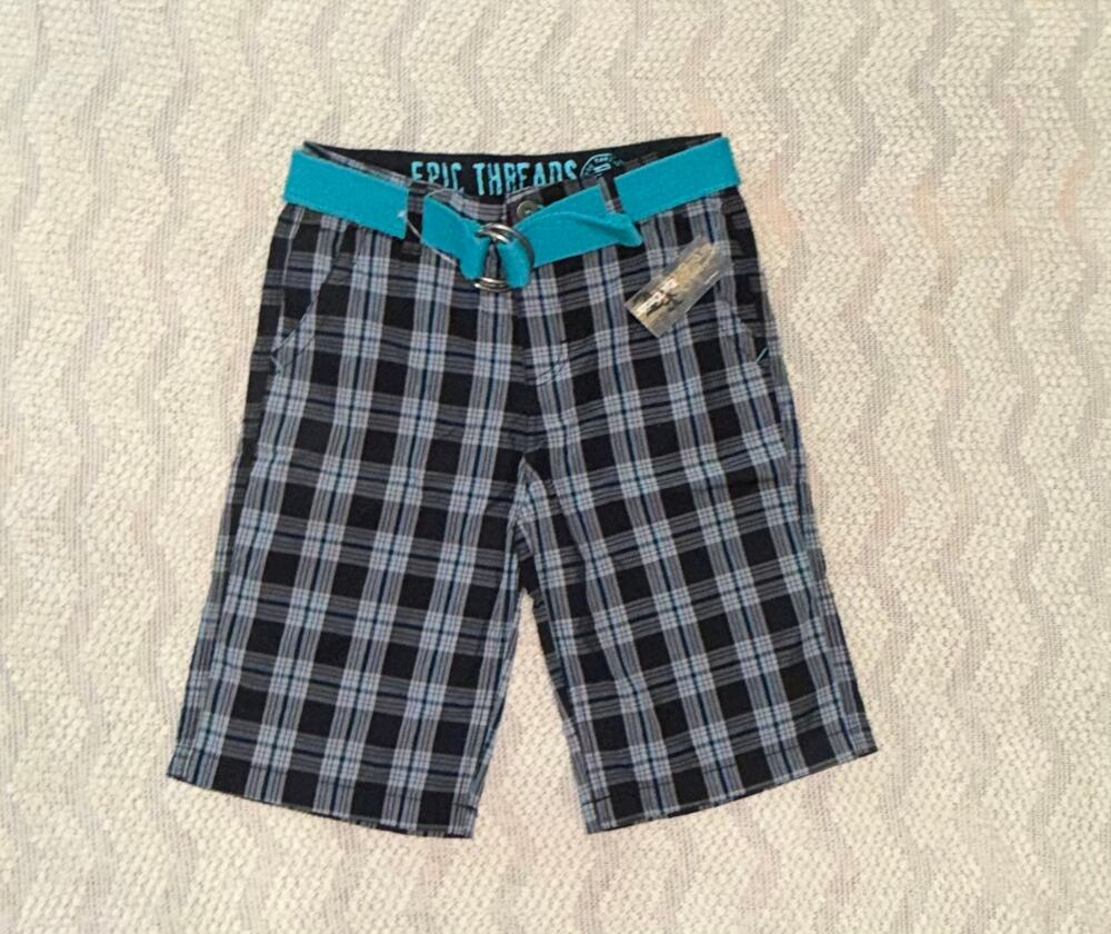 NWT Epic Threads Boys Plaid Belted Shorts Blue Black Gray Size 10